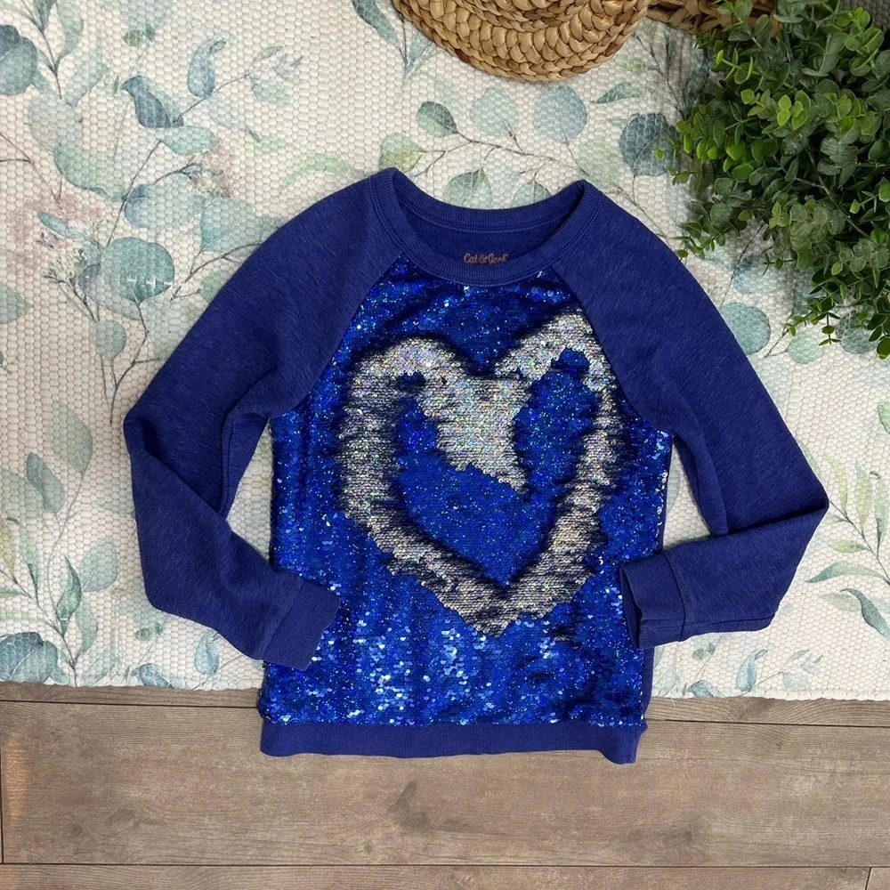 Cat & Jack Blue/Silver Sequin Girls Kids Sweatshirt Size Medium 7/8